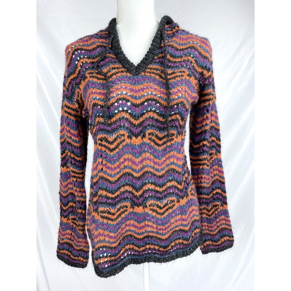 Royal Robbins Women LARGE Knit Hood Sweater Acrylic Wool Blend Orange Blue